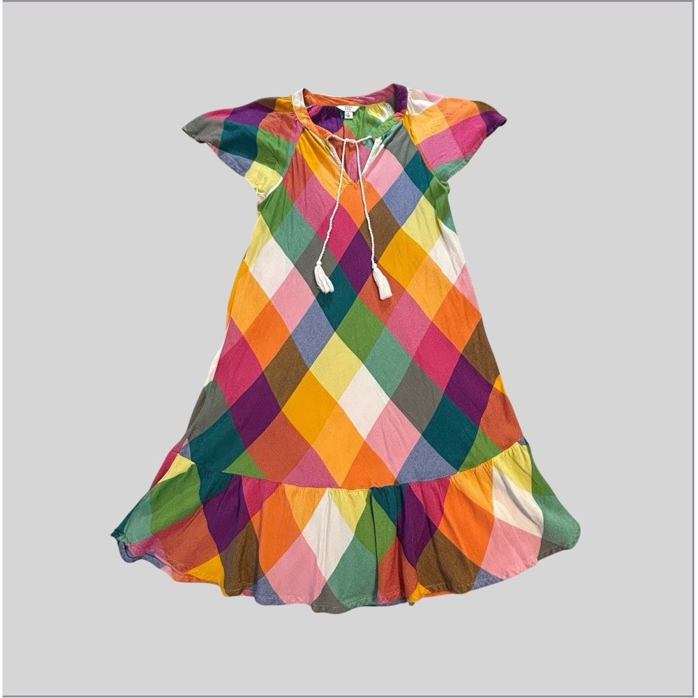 Crown & Ivy Women's Small Dress Soft Colorful Diamond Pattern Ruffle